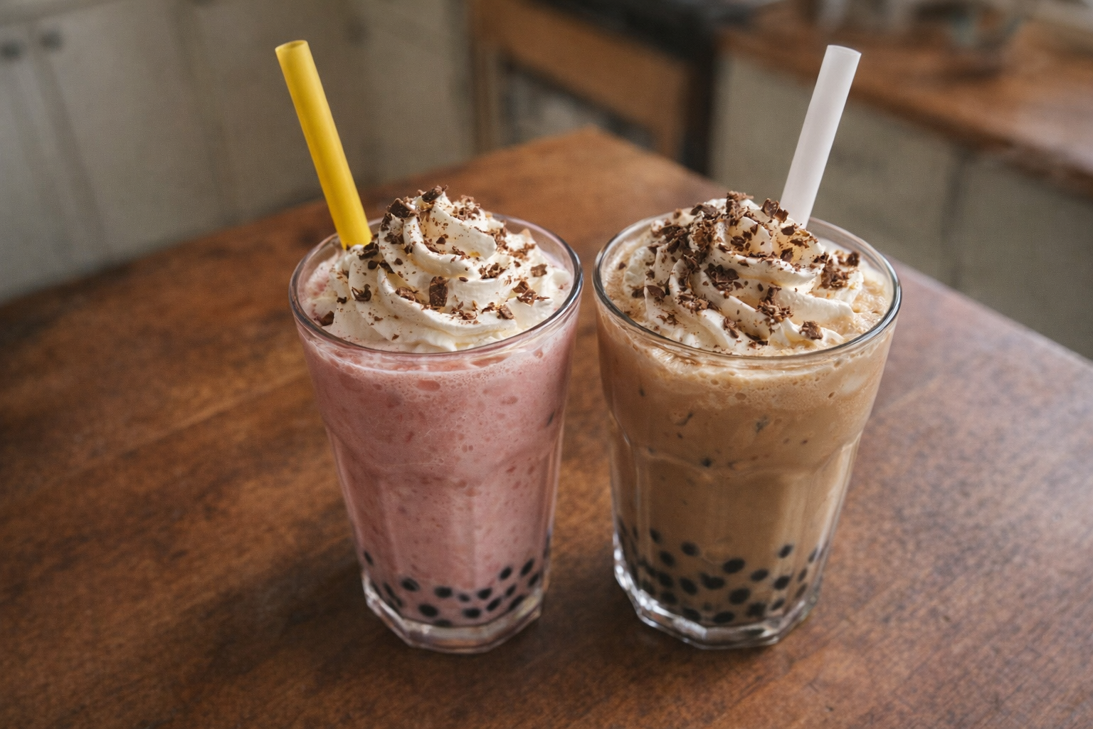 A top-down shot of two glasses of bubble tea, one strawberry and one coffee, garnished with whipped cream and chocolate shavings, on a wooden table with a blurred background